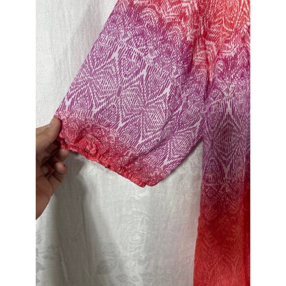 Catherines Blouse 0X 14 16 Pink Orange Abstract Print Flowy Sheer Button Popover - Picture 3 of 8